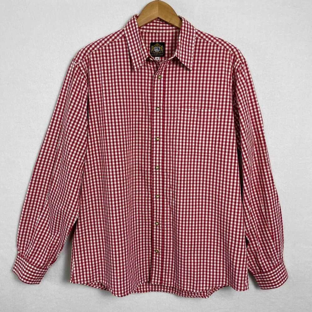 HAMMERSCHMID Red and White Checked Gingham Cotton Mens Shirt Button Up Size L